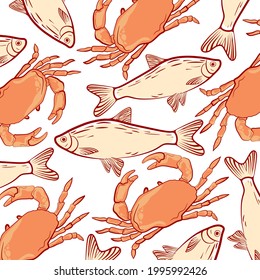 Abstract marine pattern with fishes and crabs. White background.