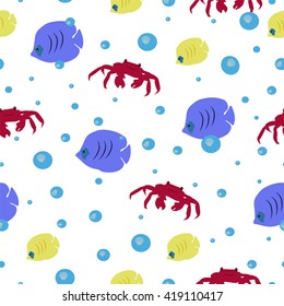 Abstract marine pattern, vector illustration with colorful fish and crab, perfect for wall paper interior, cover and fabric design, image with sea life