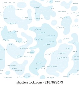Abstract marine seamless pattern. Blue shit waves and blue spots on a white background. Print for children's fabrics and paper.