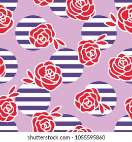 Abstract Marine seamless pattern. Circles white with blue stripes. Red roses hand drawing. Vector illustration.