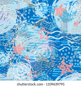 Abstract marine seamless pattern with hand-drawn textures
