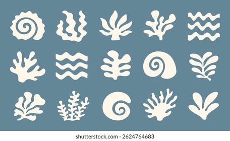 Abstract marine set of elements in simple floral wavy and groovy naive style. Ocean and sea, vacation design