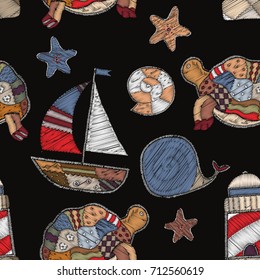 Abstract marine style embroidery. Patchwork marine toys set on black background. Template for clothes, textiles, t-shirt design. Style vector seamless pattern