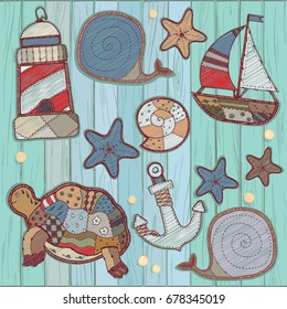 Abstract marine style embroidery pattern. Patchwork toys lying on a wooden table. Embroidered postcard in a romantic marine style. Template for clothes, textiles, t-shirt design.