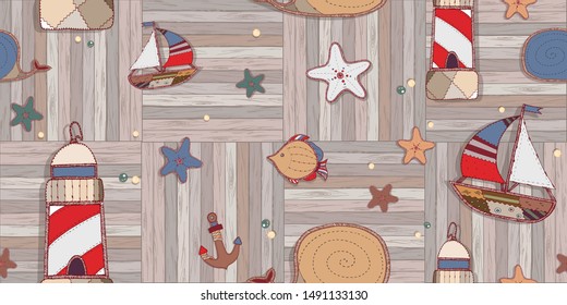 Abstract marine style, Patchwork toys lying on a wooden table