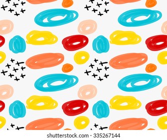 Abstract marker circles and black crosses.Hand drawn with paint brush seamless background.Modern hipster style design.