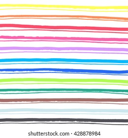 Abstract marker hand drawn multicolored stripes vector background. Uneven colorful bars texture streaks of different width backdrop. Rainbow striped. Simple graphic design on white background.