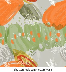 Abstract marker ink strokes and dots orange green gray.Creative abstract colorful seamless pattern. Tribal ethnic motives. Universal bright background . Had drawn ink and marker texture.