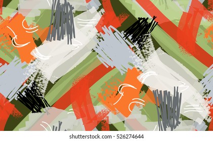 Abstract marker and ink strokes green red white.Creative abstract colorful seamless pattern. Universal bright background for greeting cards, invitations. Had drawn ink texture.