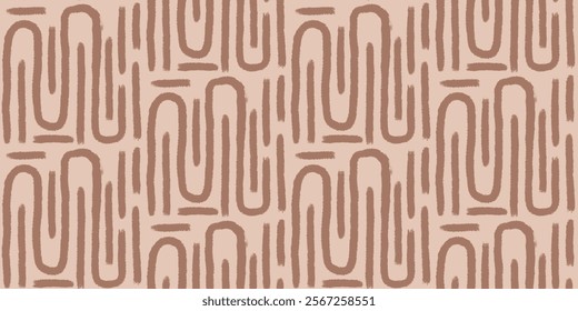 Abstract marker lines seamless pattern. Labyrinth grunge stroke endless background. brown brush ink shapes repeat cover. Tribal monochrome ornament. Vector hand drawn illustration.