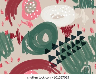Abstract marker scribbles dots and triangles light gray.Creative abstract colorful seamless pattern. Tribal ethnic motives. Universal bright background . Had drawn ink and marker texture.