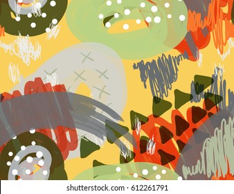 Abstract marker scribbles dots and triangles yellow.Creative abstract colorful seamless pattern. Tribal ethnic motives. Universal bright background for greeting cards, invitations. 