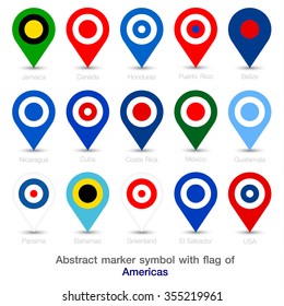 Abstract marker symbol with flag of Americas. Vector illustration.