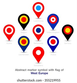 Abstract marker symbol with flag of West Europe. Vector illustration.