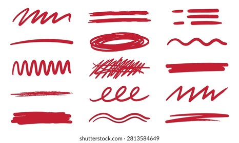 Abstract markers, decorative elements set in brush style, zigzags, circles, dashes, swirls, underlines, and scribbles