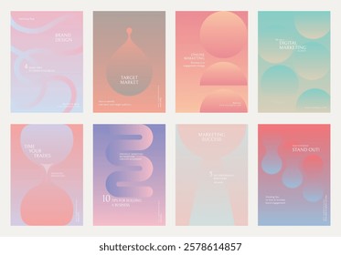 Abstract marketing posters with pastel gradients. Digital marketing, target market, and brand design themes. Modern, colorful, and creative designs. Gradient pastel marketing template vector set.