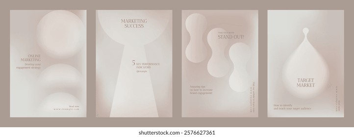 Abstract marketing posters with soft beige tones. Features 'marketing success' and 'target market' in minimalist design. Marketing focus throughout. Gradient beige online marketing template vector.