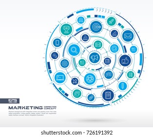 Abstract marketing and seo background. Digital connect system with integrated circles, glowing thin line icons. Network system group, interface concept. Vector future infographic illustration