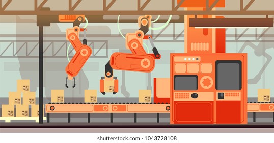 Abstract marketing vector concept with manufacturing assembly production line conveyor belt. Industrial production line process, management and automation assembly illustration