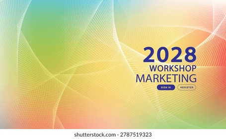 Abstract marketing workshop background with colorful pastel gradient guilloche lines. Modern horizontal geometric template for corporate presentation slides, technology forum banners, or online meeting backdrops.