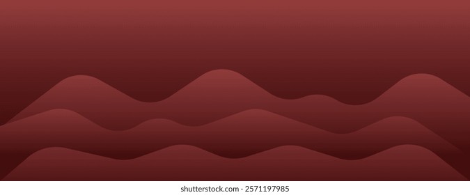 Abstract maroon background with smooth, wavy hills. The maroon background features a gradient texture, creating a serene, flowing effect. Soft wave border background. Red background vector.