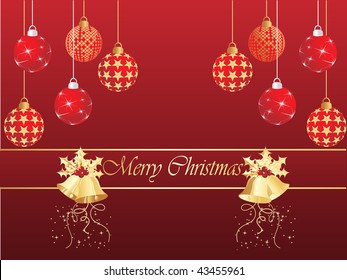 abstract maroon decorated hanging ball background with golden xmas bell