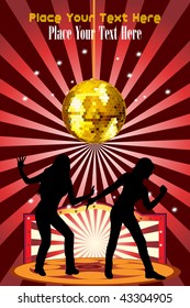 abstract maroon rays background with hanging disco ball, singer silhouette