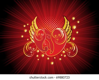 abstract maroon rays background with romantic heart, wings