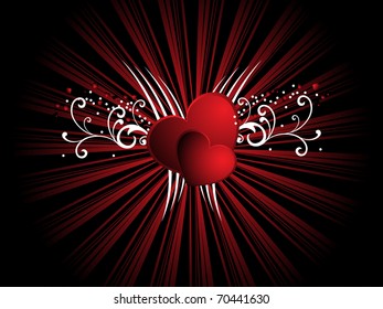 abstract maroon rays background with set of floral, heart