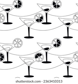 Abstract martini cocktail glass icon background. Line continuous  seamless pattern. Hand drawn alcohol drinks. Graphic design, cartoon print, banner, card, poster, brochure, bar wallpaper, cafe menu.