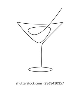 Abstract martini cocktail glass. Line continuous vector icon. Alcohol drink doodle illustration. Graphic design, cartoon print, banner, card, poster, brochure, sign, symbol, bar logo, cafe menu.