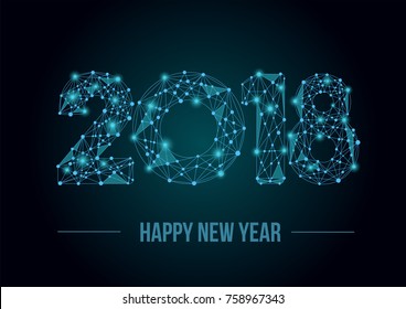 Abstract mash line and point 2018. Vector New Year illustration. Polygonal low poly future technology background. Geometric Greeting card. 