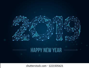 Abstract mash line and point 2019. Vector New Year illustration. Polygonal low poly future technology background. Geometric Greeting card. 