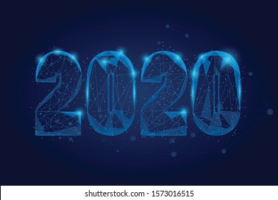 Abstract mash line and point 2020. Vector New Year illustration. Polygonal low poly future technology background. Geometric Greeting card. 