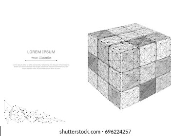 Abstract mash line and point 3D Disassembled Puzzle cube on white background with an inscription. Starry sky or space, consisting of stars and the universe. Vector team building illustration