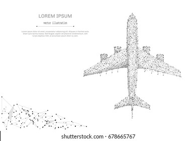 Abstract mash line and point airliner top view on white background with an inscription. Starry sky or space, consisting of stars and the universe. Vector business illustration