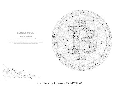 Abstract mash line and point bitcoin on white background with an inscription. Starry sky or space, consisting of stars and the universe. Vector financy illustration