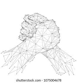 Abstract mash line and point brotherly handshake origami on white background. Agreement Starry sky or space, consisting of stars and the universe . Vector business illustration of deal.