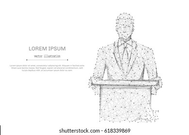 Abstract mash line and point business man standing behind rostrum on white background with an inscription. Starry sky or space, consisting of stars and the universe. Vector business illustration