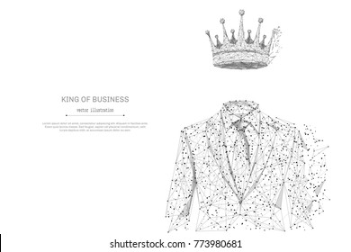 Abstract mash line and point businessman in suit with crown origami on white background with an inscription. Starry sky or space, consisting of stars and the universe. Vector business illustration