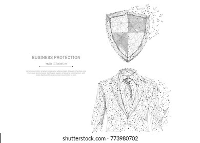 Abstract mash line and point businessman in suit with shield origami on white background with an inscription. Starry sky or space, consisting of stars and the universe. Vector protection illustration