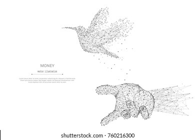 Línea de purga abstracta y colibri punta en la palma de la mano sobre fondo blanco con una inscripción. Cielo estrellado o espacio, compuesto por estrellas y el universo. Ilustración de la libertad del vector