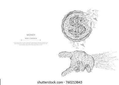 Abstract mash line and point dollar in the hand palm on white background with an inscription. Starry sky or space, consisting of stars and the universe. Vector money illustration