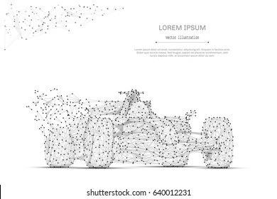 Abstract mash line and point F1 CAR on white background with an inscription. Bolide starry sky or space, consisting of stars and the universe. Vector speed and business illustration