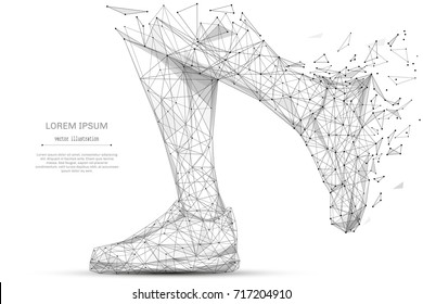 Abstract mash line and point feet in sneakers running on white background with an inscription. Vector sport wear illustration