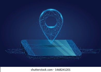 Abstract mash line and point GPS pin on mobile screen. Abstract Low-poly wireframe vector traveling illustration. Starry sky and cosmos style. Maps and navigator services.