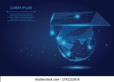 Abstract mash line and point graduation cap on planet Earth. Low poly E-learning distance graduate certificate program concept. Internet education course degree vector illustration