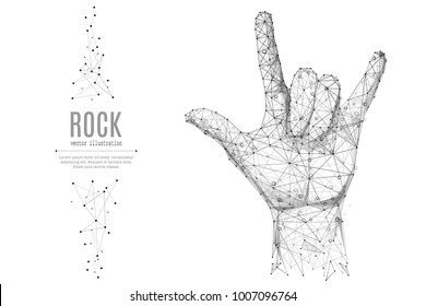 Abstract Mash Line And Point Hand In Rock N Roll Sign Origami On White Background With An Inscription. Starry Sky Or Space, Consisting Of Stars And The Universe. Vector Lifestyle Illustration