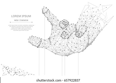 Abstract mash line and point hand puppet on white background with an inscription. Business or manipulation concept starry sky, consisting of stars and the universe. Vector business illustration
