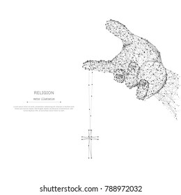 Abstract mash line and point A hand holds a Catholic cross origami on white background with an inscription. Starry sky or space, consisting of stars and the universe. Vector religion illustration